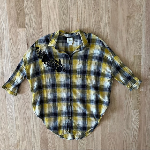 Maeve Anthropologie Yellow Plaid Floral Embroidered Oversized Tunic - Picture 7 of 12